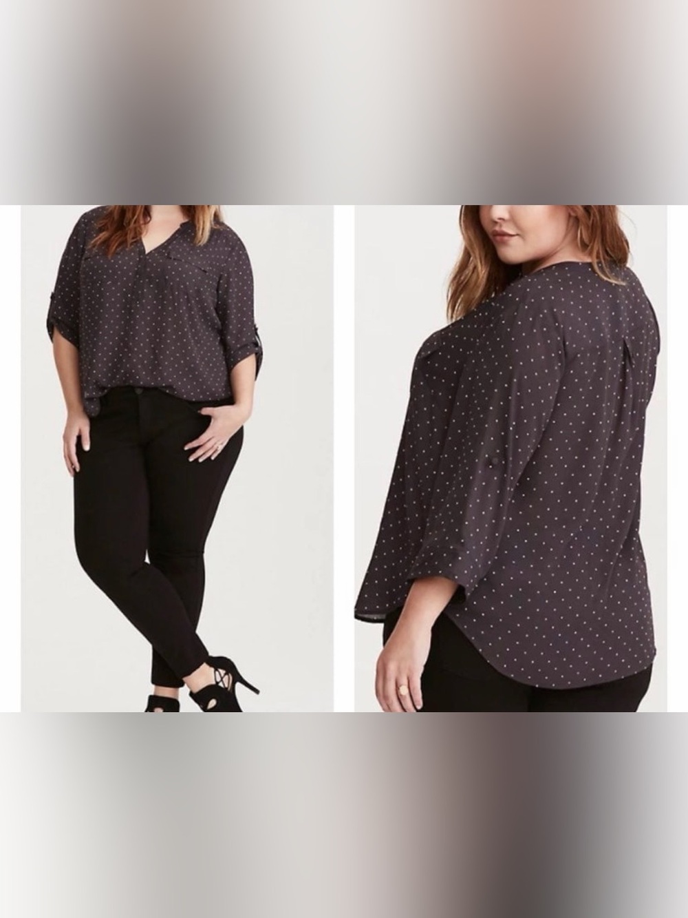 #817 Torrid 1X PolkaDot Gray Harper Georgette pullover blouse Vneckline